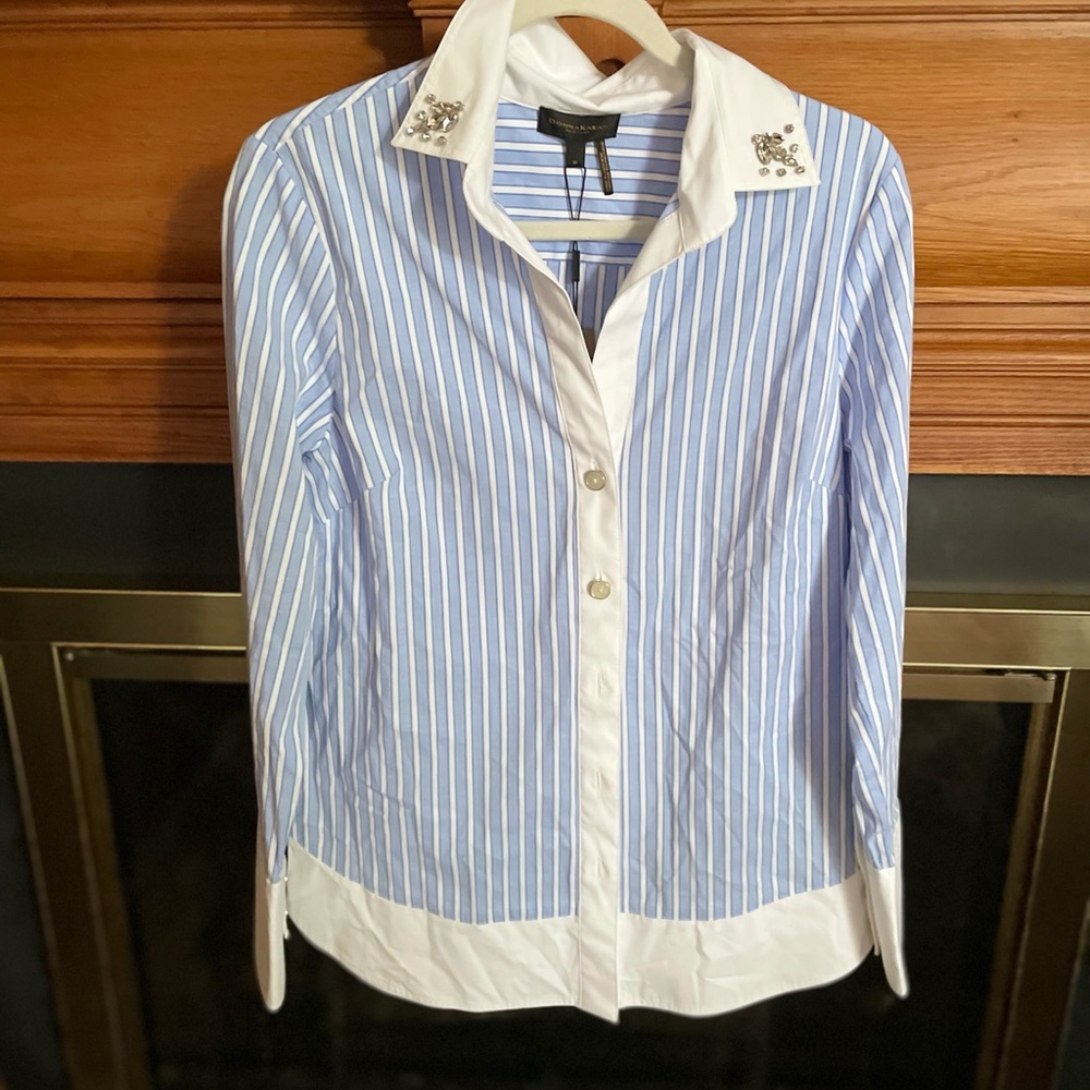 Blue dress down buttoned down long sleeve with bedazzle on collar size M